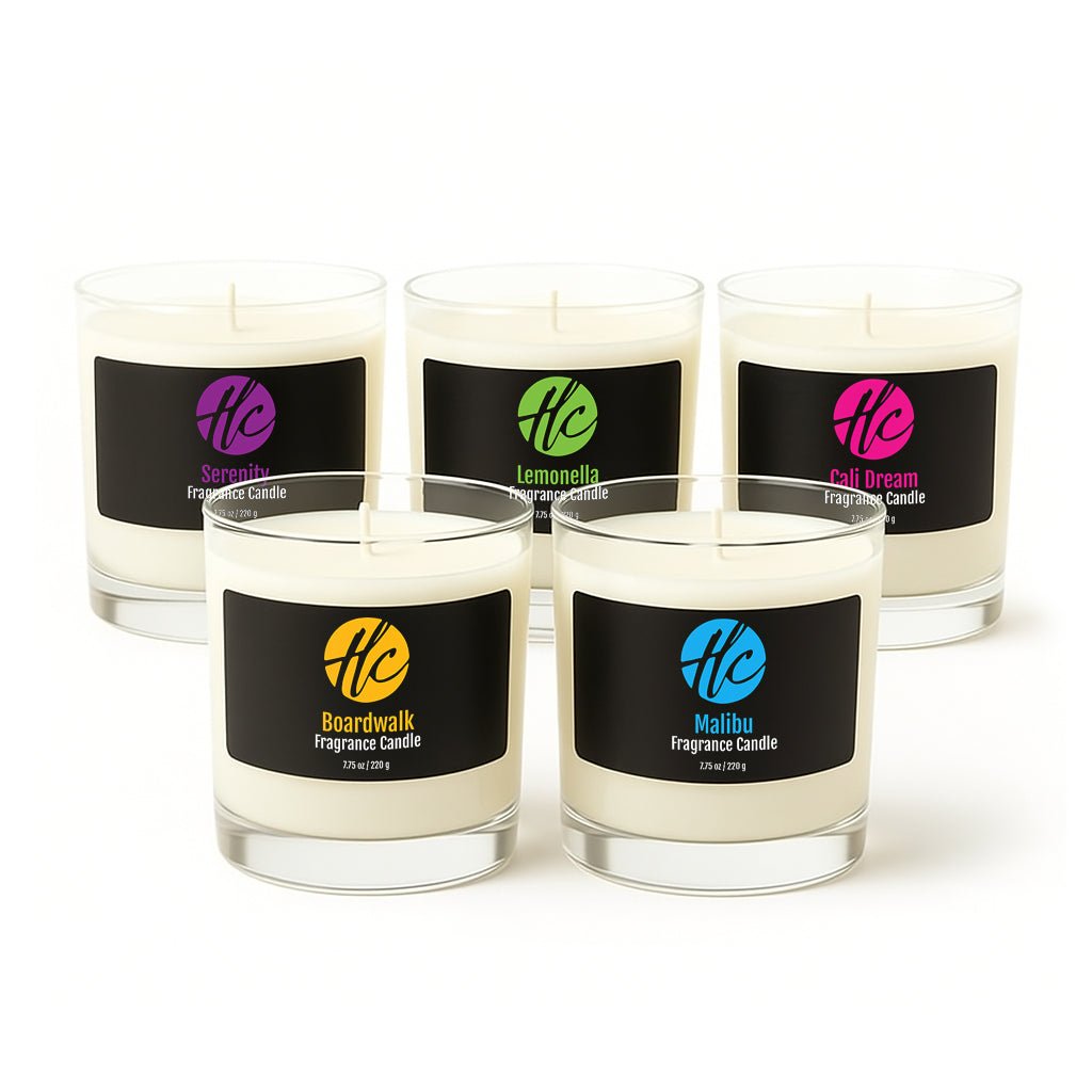 Halcyon Coast 5-scent candle bundle with Malibu, Boardwalk, Lemonella, Cali Dream, and Serenity