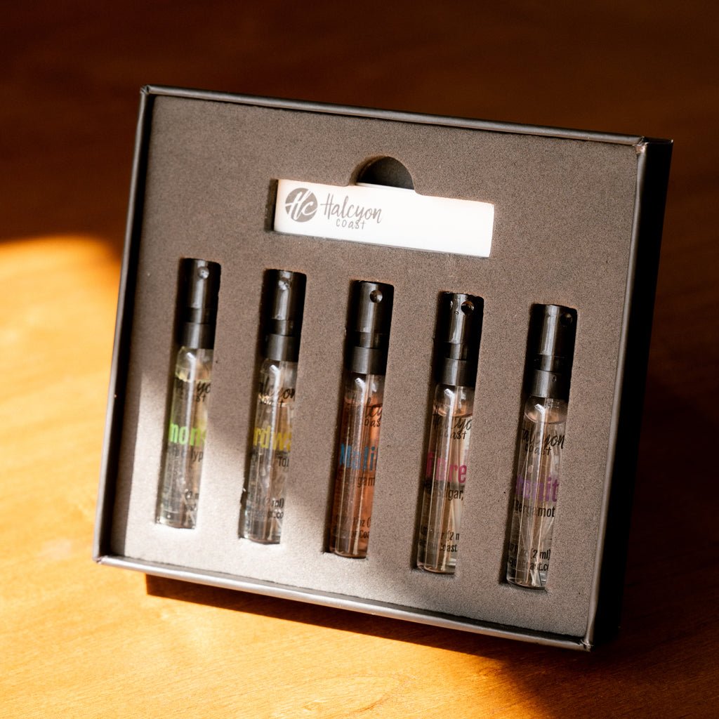 Halcyon Coast room spray sampler with Malibu, Boardwalk, Lemonella, Cali Dream, and Serenity