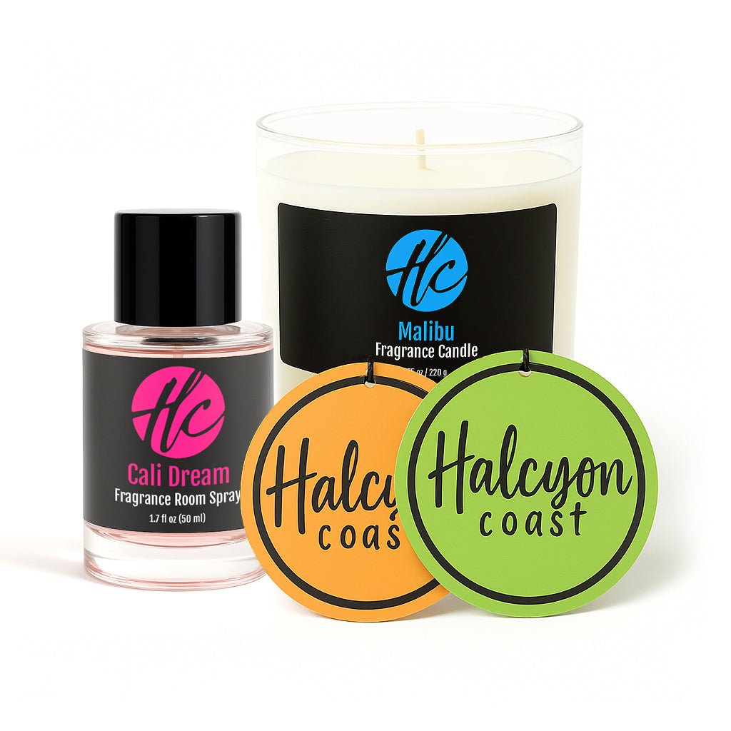 Halcyon Coast fragrance bundle with candles, room sprays, and fragrance cards
